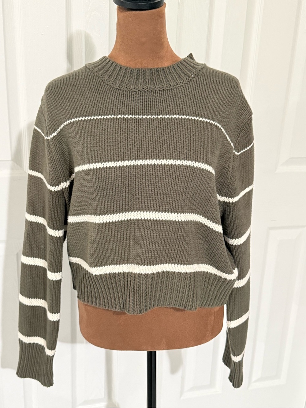 Z Supply Olive Green & White Striped Crewneck Sweater